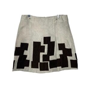 PER SE Women Silk Mini Patchwork Linen Lined Skirt Sz 8 Ivory Brown Artsy 41-4